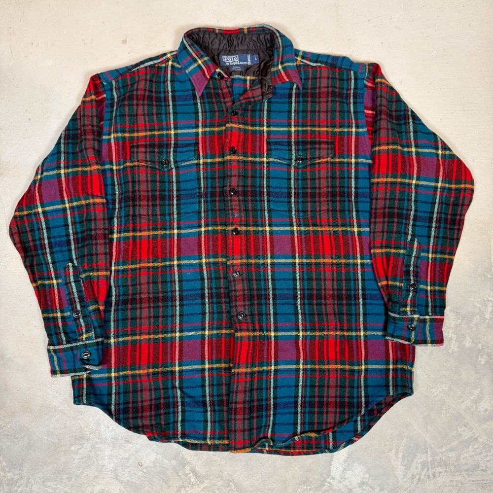 Polo Ralph Lauren Ranch Wool Plaid Shirt Ranch Large Multi Color Flannel Repair